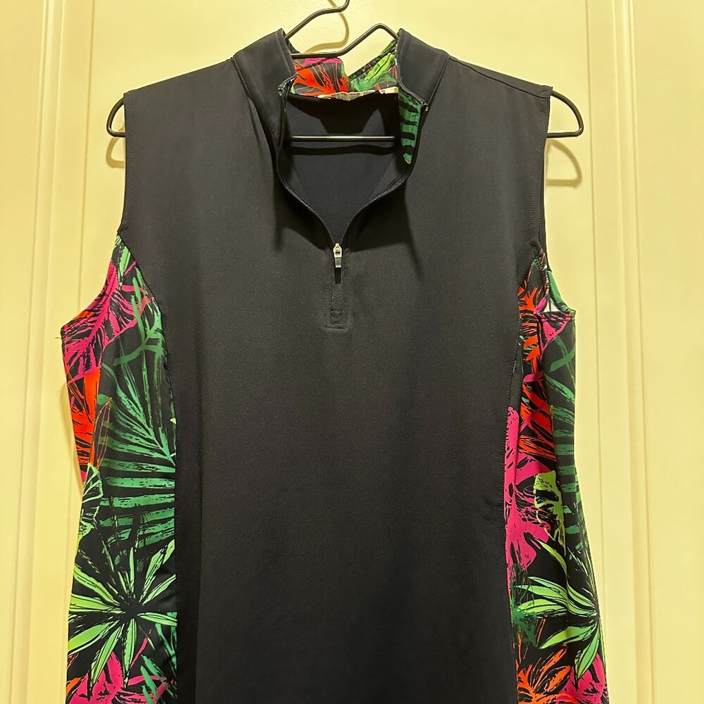Lady Hogan XL, Navy with multi color flower sides Sleeveless Womens Golf shirt